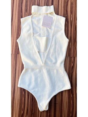 Bossa Ivory Bandage Bodysuit Mock Neck Cut Out Square Size S NWT